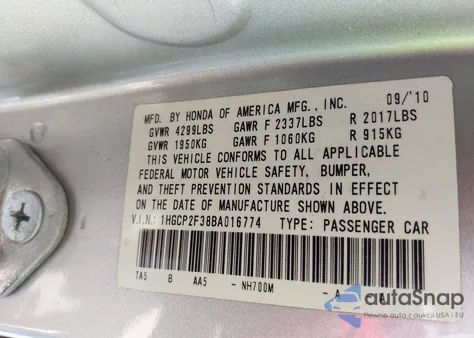 2011 Honda Accord 2.4 Lx из США, поврежденный, VIN 1HGCP2F38BA016774